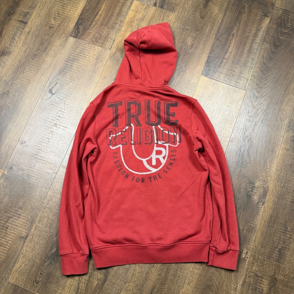True Religion Mens S Red Full Zip Hoodie Horseshoe Logo Graphic Y2K